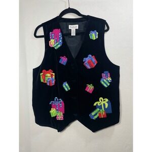 Westbound Black Velvet Vest Size L Christmas Gift Present Embroidery Ugly Holida